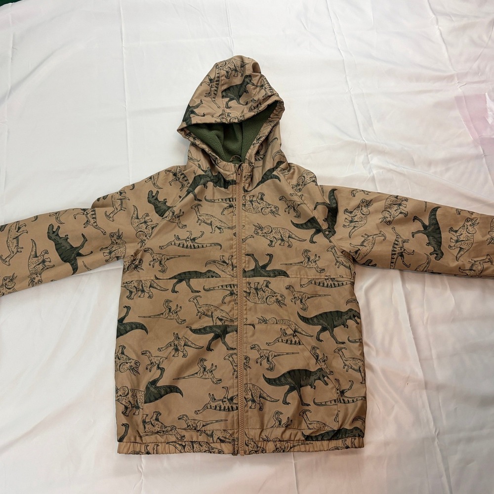 Carters Kids Tan Green Dinosaur Print Fleece Lined Hooded Windbreaker Jacket 10